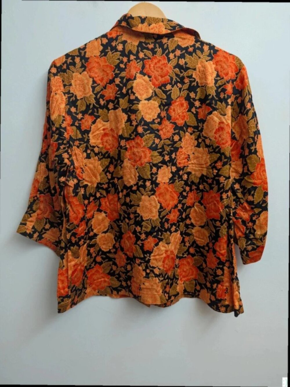 Vintage 90s Black Orange Floral Blouse Bold Botanical Autumn Statement size 14